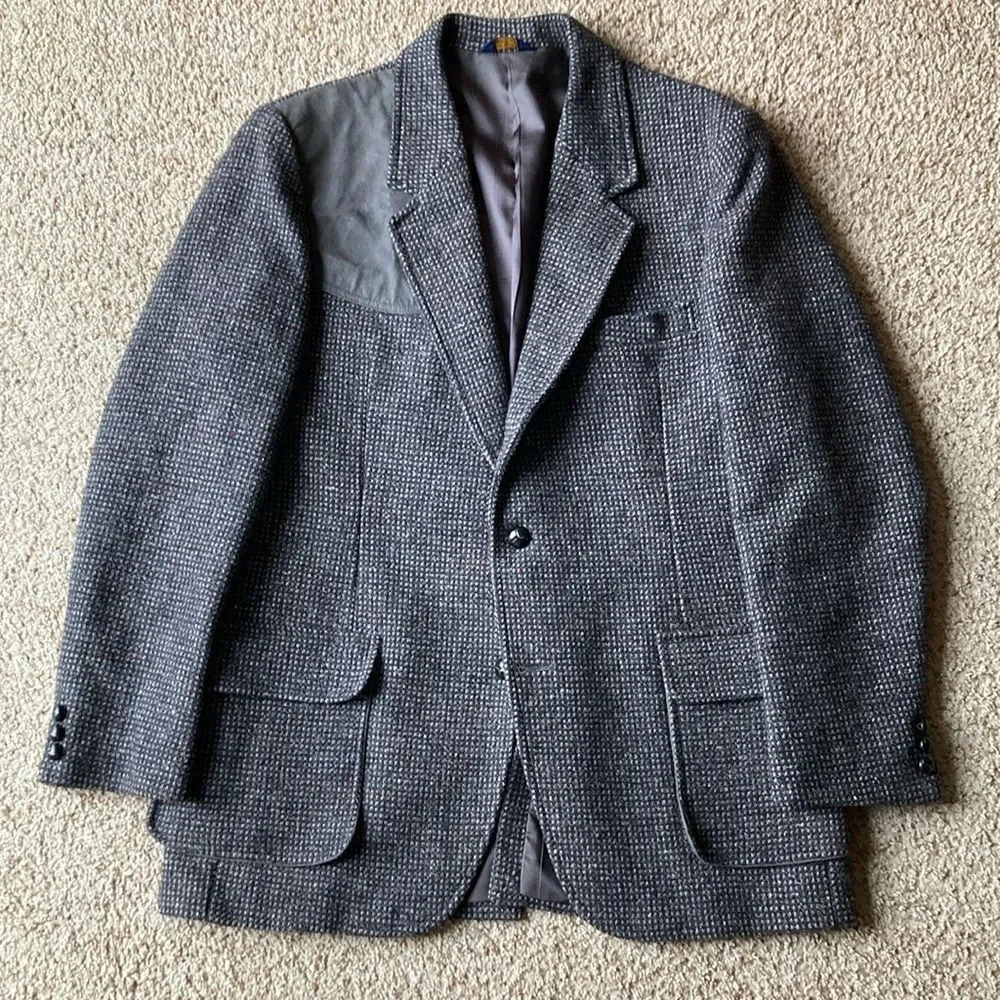 Vtg Pendleton Men’s Gray Multi-Color Fleck Tweed Wool Blazer Jacket Suede Trim